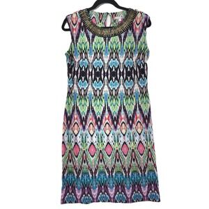 Signature Camryn Multicolor Ikat Sleeveless A-Line Dress Gold Metal Beads 8